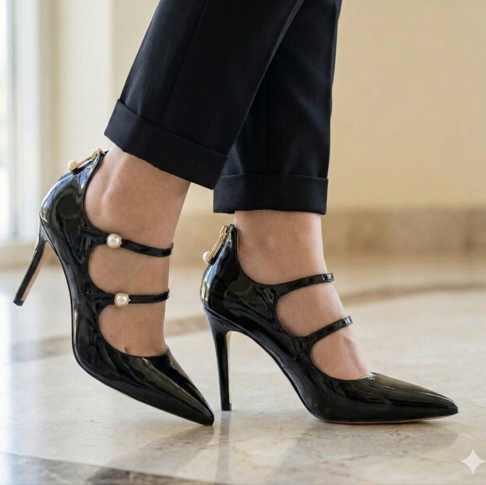 Louise et Cie Black Patent Pearl Double Strap Pumps, Size 9